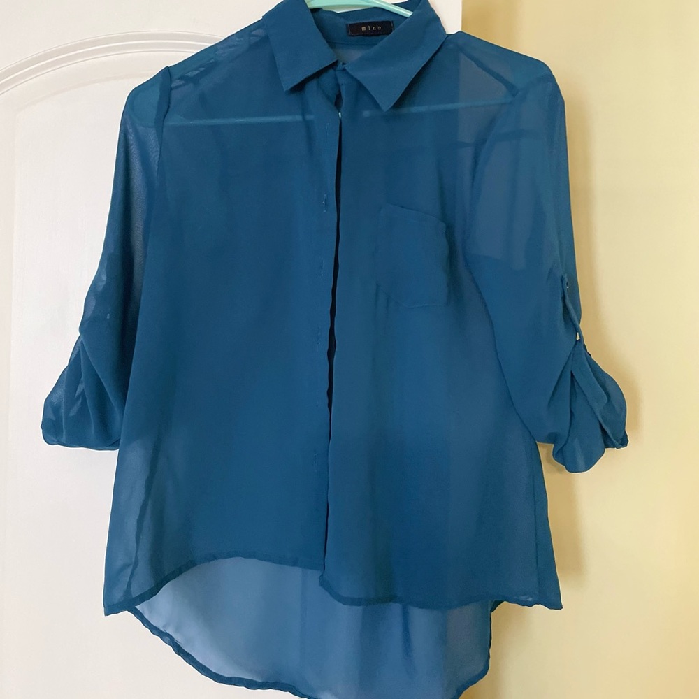 Women’s sheer asymmetrical button-down blouse, size small.
